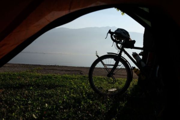 Not a bad way to wake up. Opening the tent to mist over lake Ioannina. Although surprising for me to be up early enough to see any kind of morning mist... !